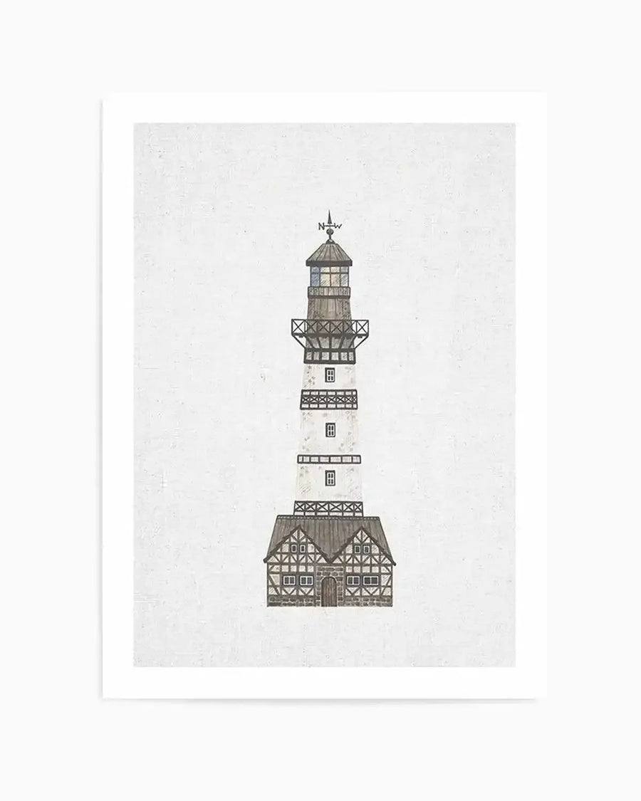 Art print featuring a detailed illustration of a lighthouse with a white and black striped tower and a brown, timber-framed base, set against a textured off-white background. The lighthouse has a weather vane at its peak and small windows, with a rustic, hand-drawn quality.