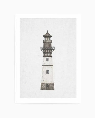 Watercolour art print featuring a tall, slender lighthouse with a white cylindrical tower and a dark grey, conical roof. The lighthouse has a stone base with an arched doorway, two small rectangular windows on the tower, and a dark grey lantern room with cross-bracing details. The artwork is set against a textured, off-white background, giving it a rustic, hand-painted feel.