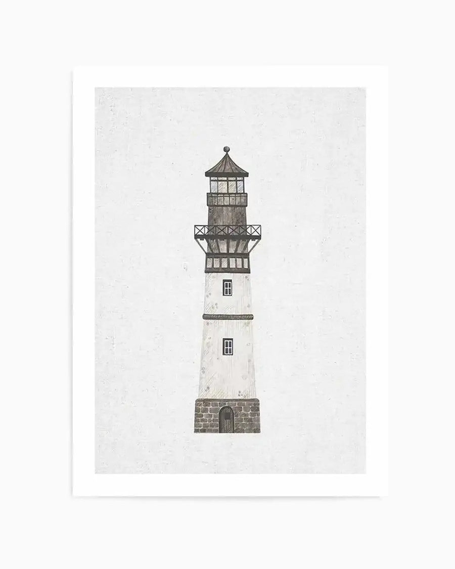 Watercolour art print featuring a tall, slender lighthouse with a white cylindrical tower and a dark grey, conical roof. The lighthouse has a stone base with an arched doorway, two small rectangular windows on the tower, and a dark grey lantern room with cross-bracing details. The artwork is set against a textured, off-white background, giving it a rustic, hand-painted feel.
