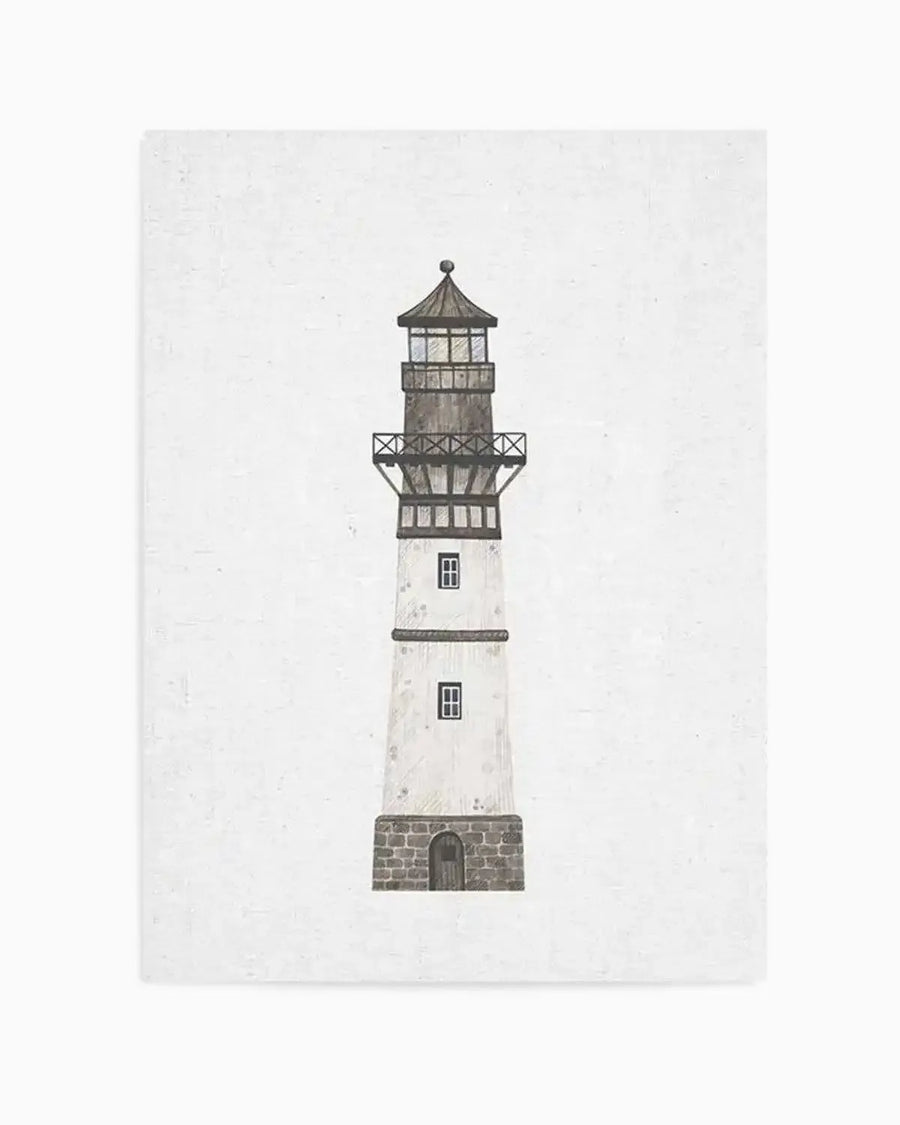 Watercolour art print featuring a tall, slender lighthouse with a white conical tower and a dark grey stone base, topped with a dark brown lantern room and a pointed roof. The lighthouse has two small square windows with cross-hatched panes and a dark arched doorway at its base, all set against a textured off-white background.