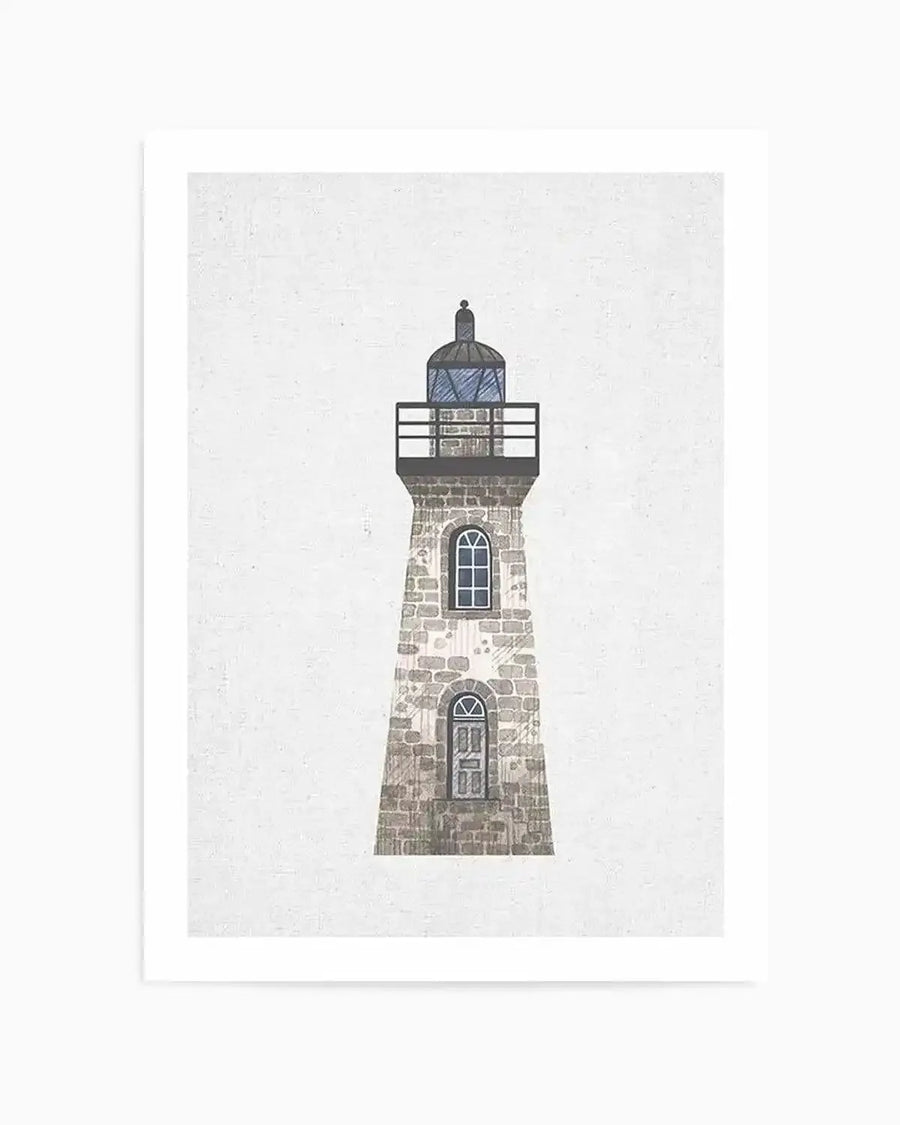 Watercolour art print featuring a stone lighthouse with a dark blue domed top and a surrounding railing, set against a textured light grey background. The lighthouse has two arched windows and an arched door, all in a muted blue-grey colour, and the stone texture is visible with varying shades of grey and brown.