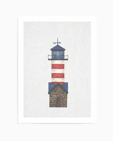 Illustration art print featuring a stylized lighthouse with a stone base, red and white striped tower, and a blue top with a weather vane showing "W" and "N". The artwork has a textured, slightly distressed appearance on a white background.