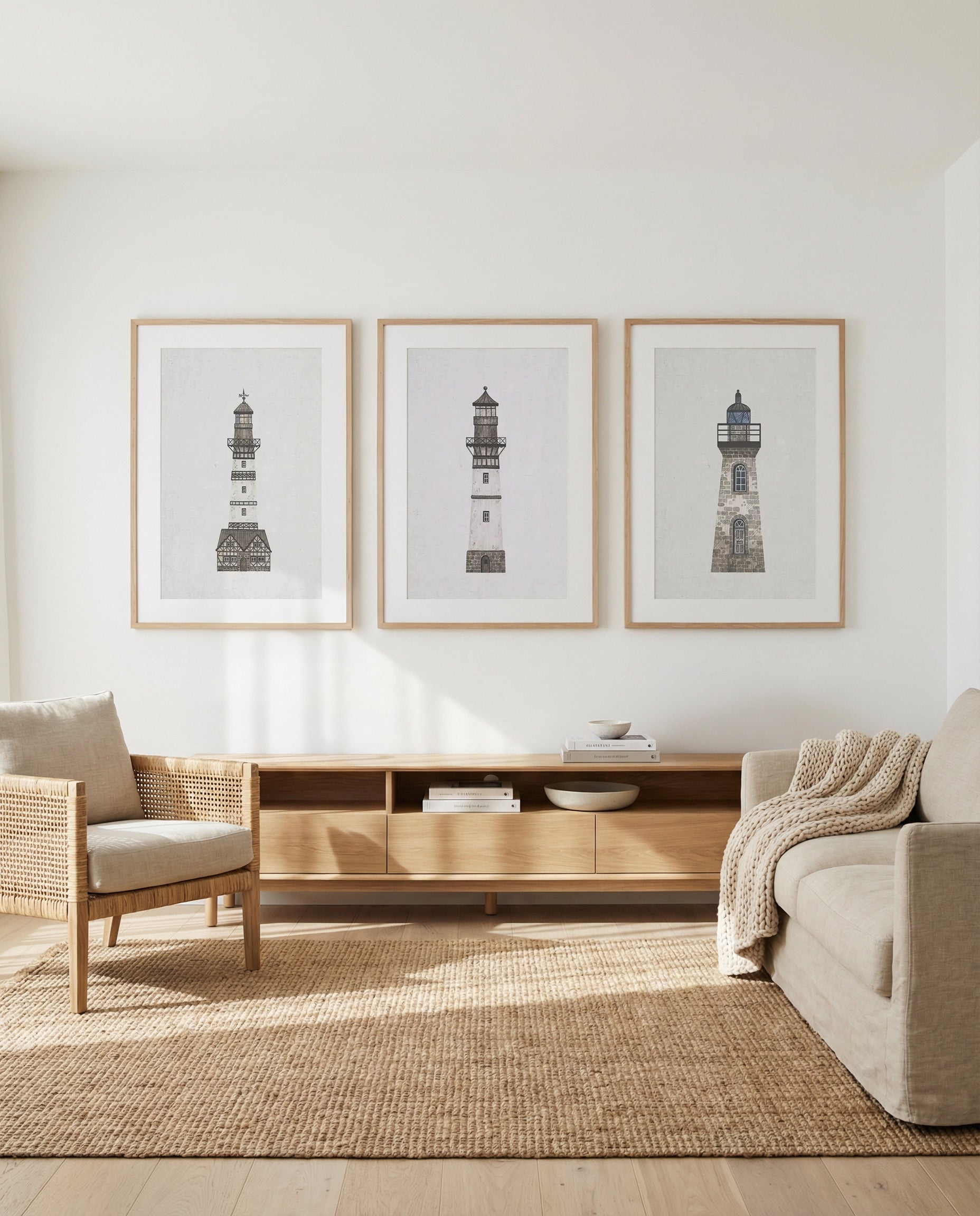 Lighthouse on Linen I, II & III | 3 Piece Wall Art Set in Black and White art print oak frame with white border