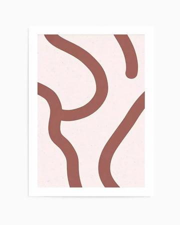 Abstract art print featuring thick, organic, curving lines in a muted terracotta or rust colour against a light cream background, creating a fluid and minimalist composition. Printed on fine art paper with a matte finish.