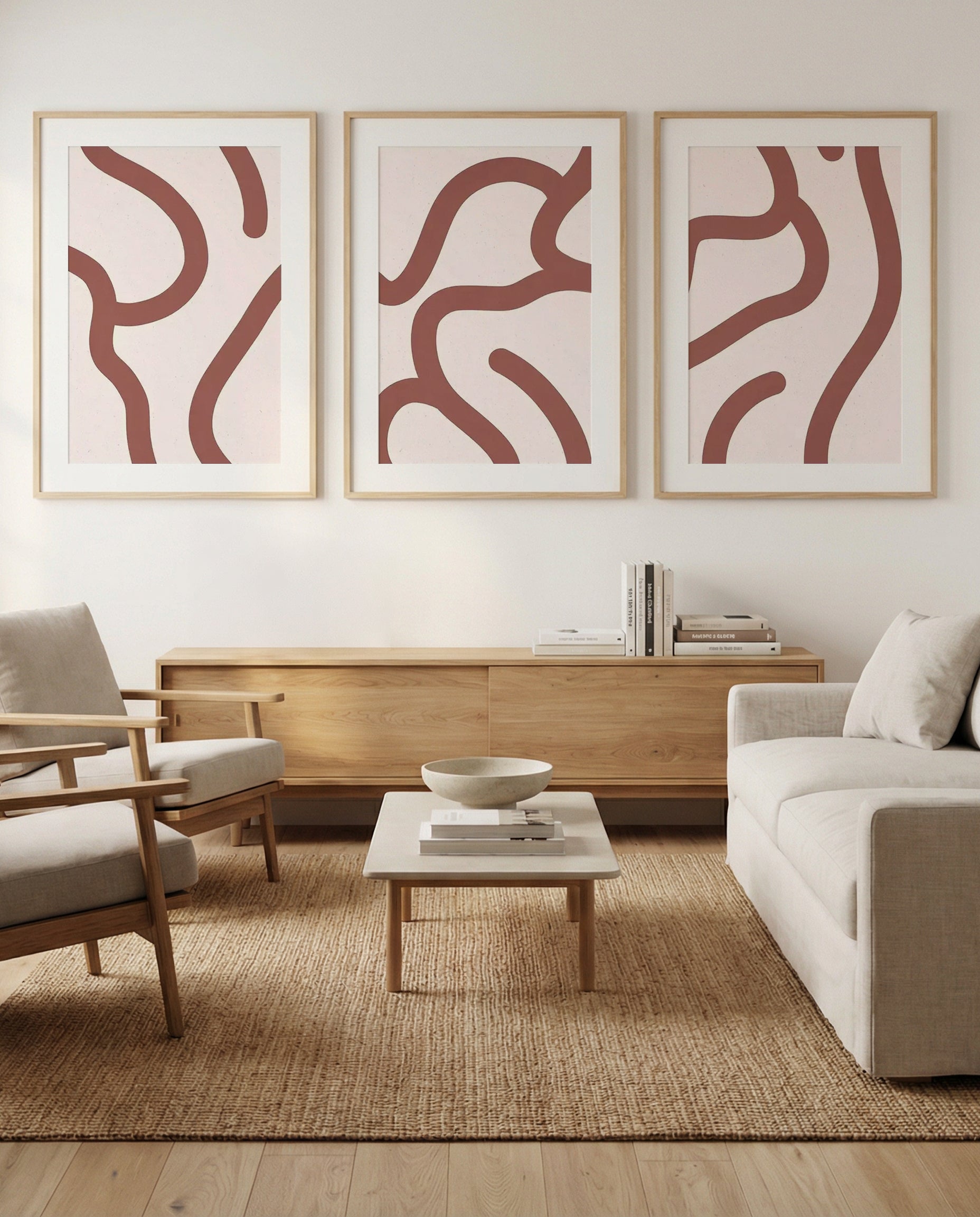 Lignes de Pliage I, II & III | 3 Piece Wall Art Set in Beige and Brown abstract art print oak frame with white border