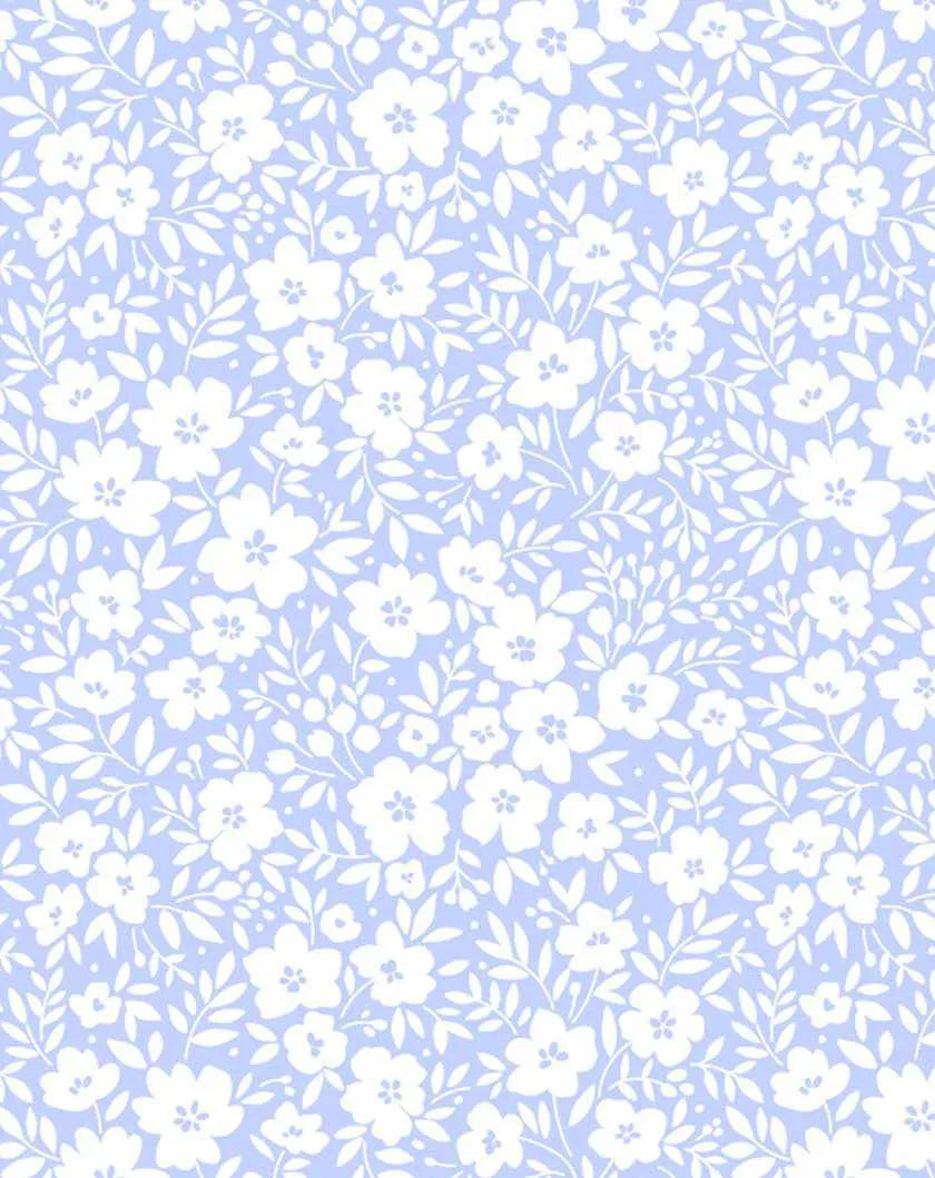 Peel and stick wallpaper featuring a repeating pattern of small, hand-drawn flowers and leaves in white on a soft, pale lilac background. The floral design has a delicate, organic quality with a subtle, illustrative style.