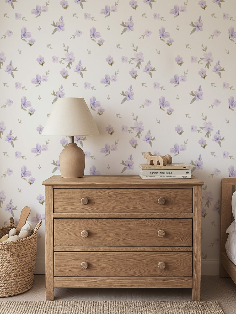 Lilac Flower Drop Wallpaper from Olive et Oriel where you can shop wallpaper and artworks online