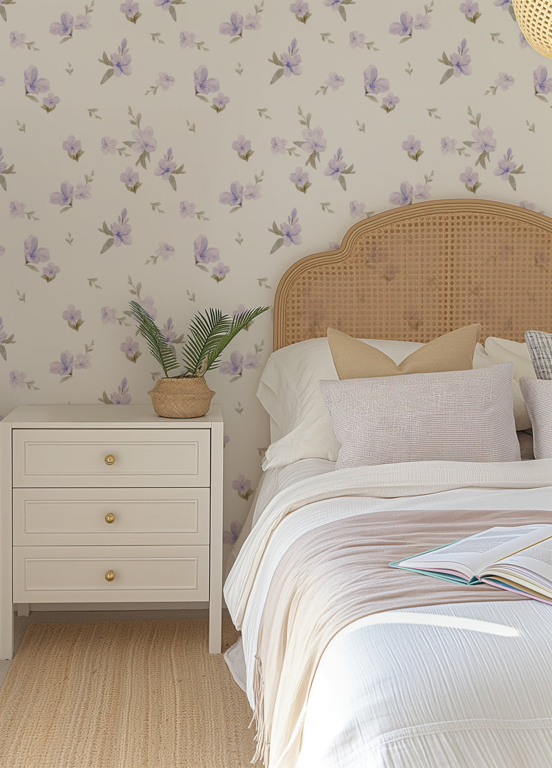 Lilac Flower Drop Wallpaper from Olive et Oriel where you can shop wallpaper and artworks online