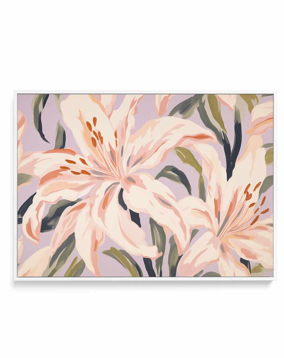 Lillies on Lilac | Framed Canvas Art Print