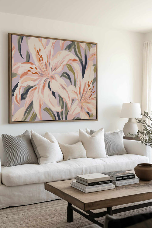 Lillies on Lilac | Framed Canvas Art Print