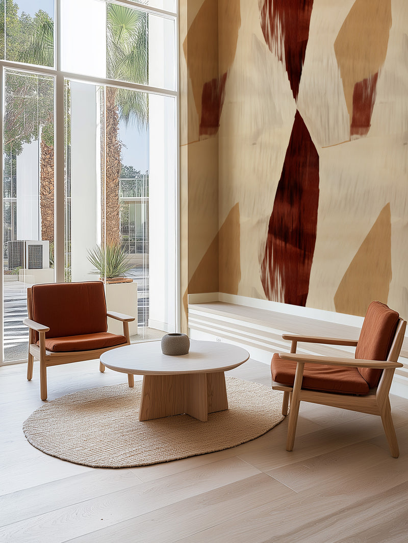 Lindos Abstract in Maroon & Beige Commercial Vinyl Wallpaper from Olive et Oriel where you can shop wallpaper and artworks online
