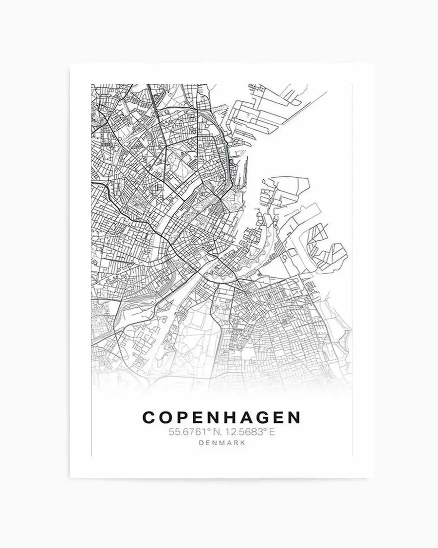 Line art map print of Copenhagen featuring a detailed street and waterway network in black lines on a white background. The map fades to white at the bottom, above the text "COPENHAGEN", "55.6761°N, 12.5683°E", and "DENMARK" in black sans-serif font.