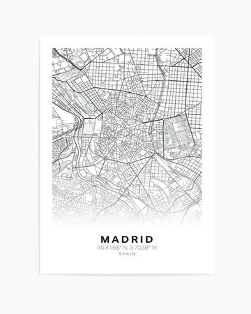 Line art map print of Madrid, Spain, featuring a detailed street network in black lines on a white background, with the city name, coordinates (40.4168° N, 3.7038° W), and country (SPAIN) printed below the map.