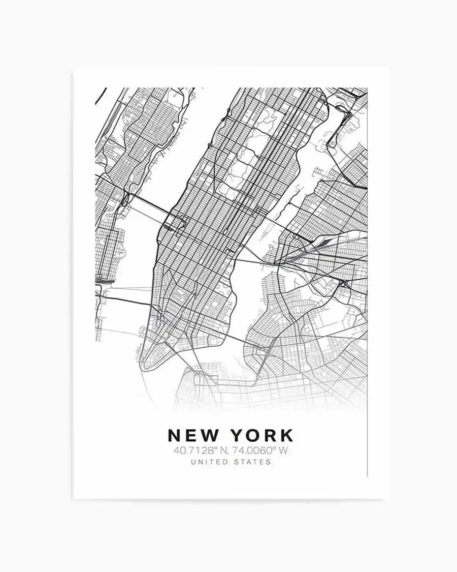 Line art print featuring a detailed black and white map of New York City, showcasing the intricate grid of streets, major waterways, and bridges. The map has a clean, minimalist aesthetic with thin lines on a white background, and includes the text "NEW YORK" with coordinates "40.7128° N, 74.0060° W" and "UNITED STATES" at the bottom.