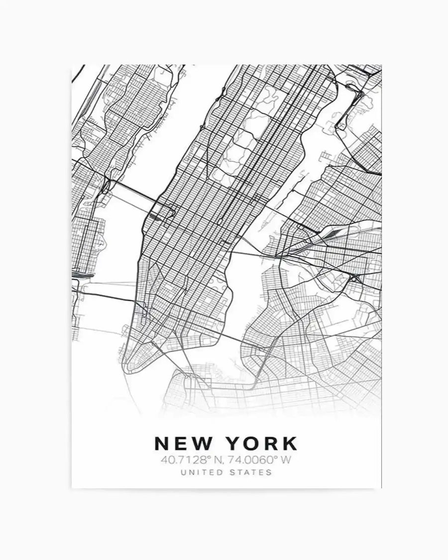 Line art map print of New York City in black and white, featuring the intricate street grid of Manhattan, parts of Brooklyn, and the surrounding waterways. The map is rendered with fine black lines on a clean white background, highlighting major avenues, bridges, and the distinct shapes of the boroughs. The text "NEW YORK" is centered at the bottom in black, followed by "40.7128° N, 74.0060° W" and "UNITED STATES" in a smaller font.