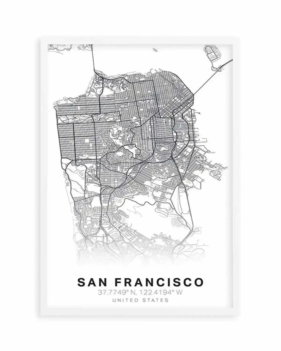 Line art map print of San Francisco, featuring a detailed street map in black lines on a white background, with the city's outline, grid patterns, and major roads visible. The print is displayed in a white frame with a white border, and includes the text "SAN FRANCISCO", "37.7749° N, 122.4194° W", and "UNITED STATES" at the bottom.