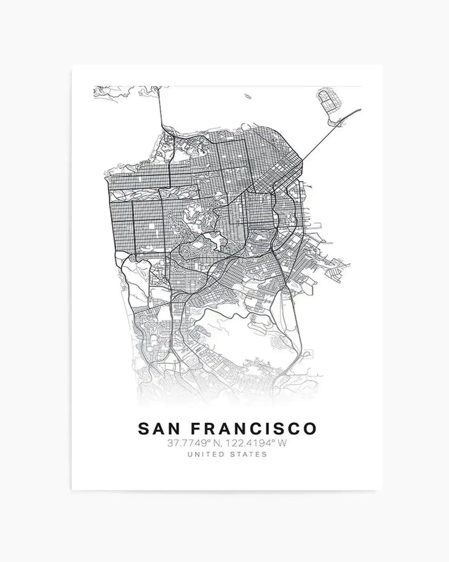 Line art map print of San Francisco featuring a detailed street grid and natural landforms in black on a white background. The print includes the city's coordinates and "UNITED STATES" in black text below the map.