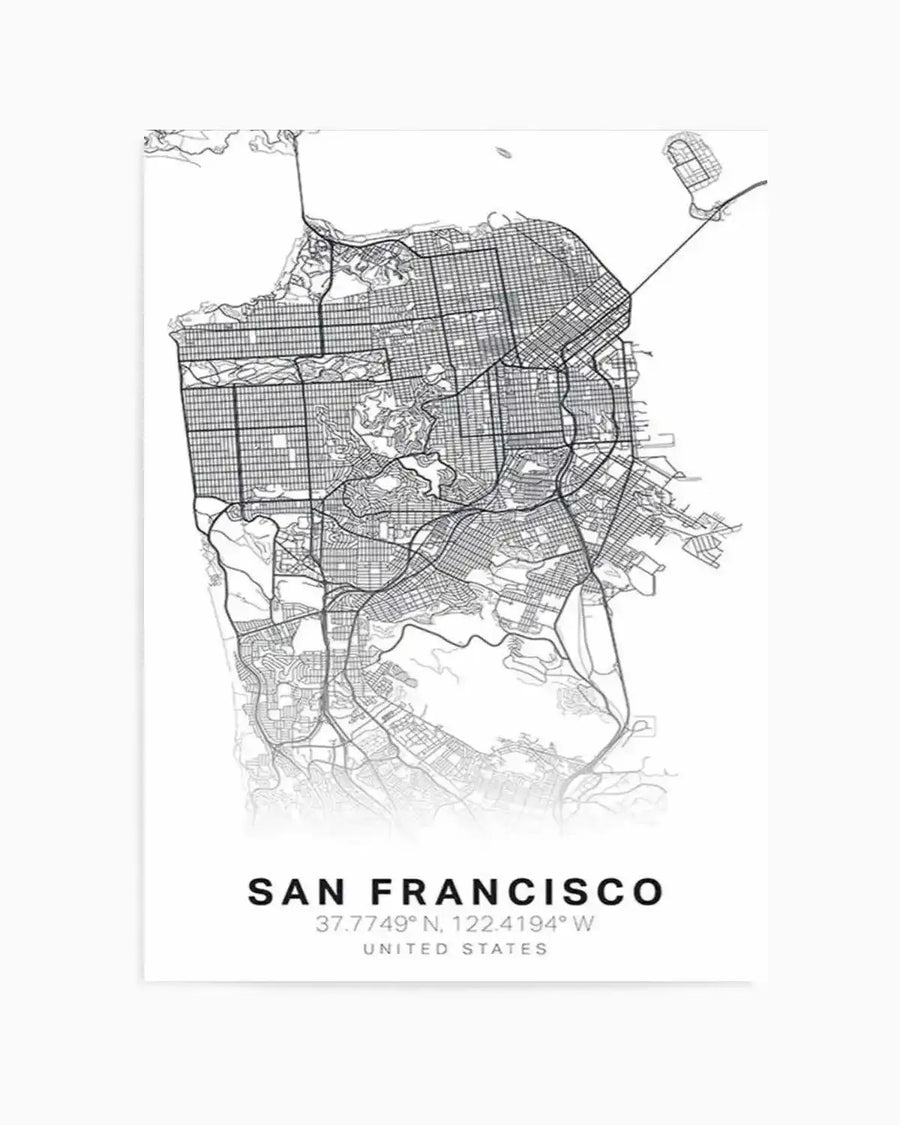 Line art map print of San Francisco featuring a detailed street grid in black on a white background, with the city's coordinates and "United States" text below.