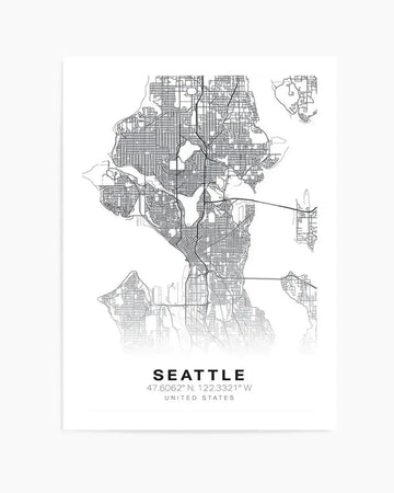 Line art map print of Seattle, Washington, featuring a detailed network of streets, roads, and waterways in black lines against a white background. The map includes the city's coordinates and "UNITED STATES" in black text below.