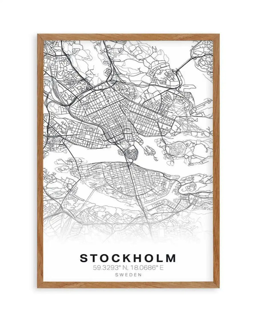 Line art map art print of Stockholm, Sweden, displayed in a natural oak frame with white border. The map features a detailed black and white street layout of the city, including roads, waterways, and urban areas, with a subtle gradient fade towards the bottom. The text "STOCKHOLM", "59.3293° N, 18.0686° E", and "SWEDEN" is printed in black at the bottom.