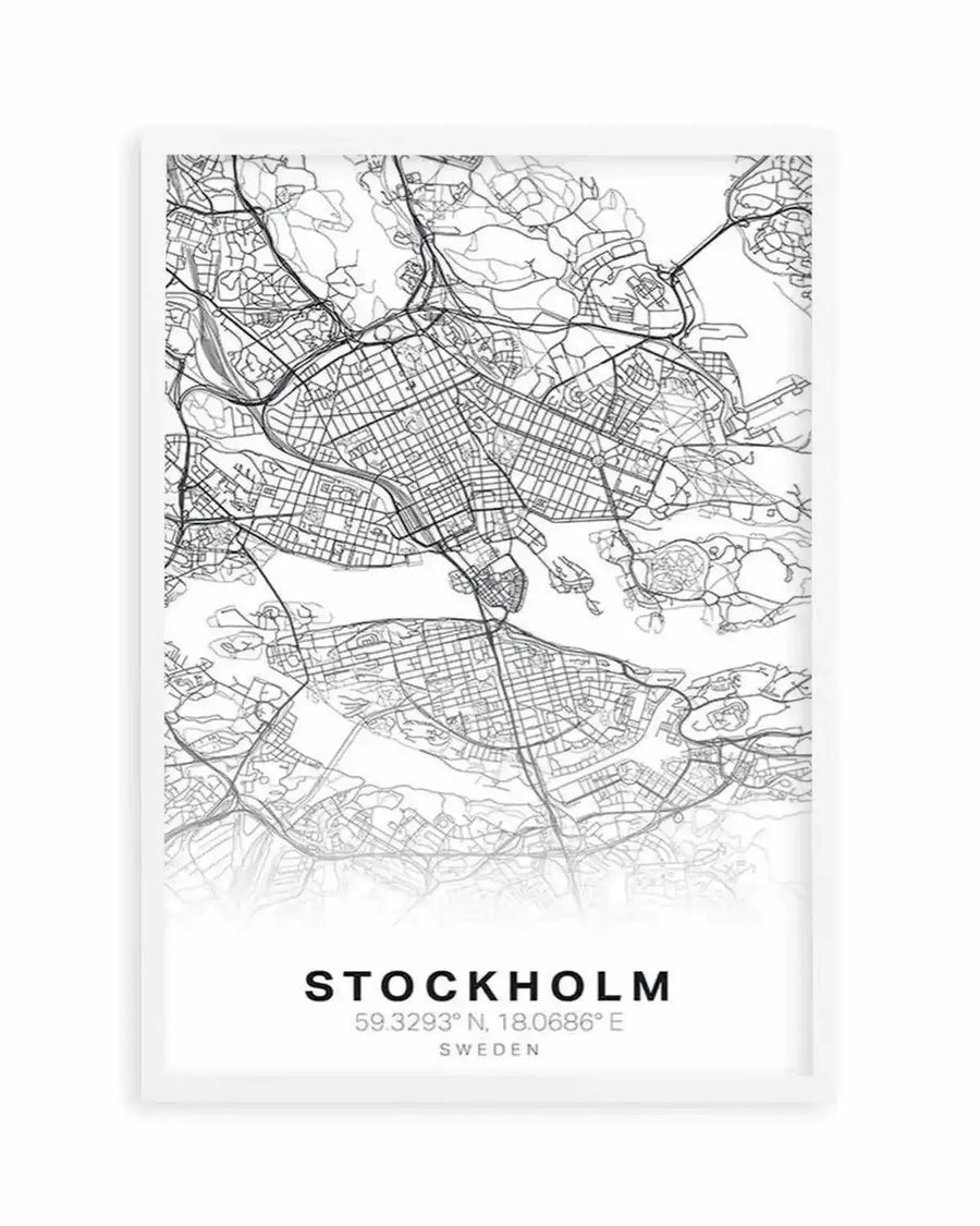 Line art map print of Stockholm, Sweden, featuring a detailed network of roads, waterways, and urban areas in black lines on a white background, with the city name and coordinates "59.3293° N, 18.0686° E" printed below, displayed in a white frame with a white border.