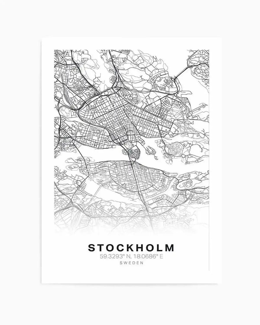 Line art map print of Stockholm, Sweden, featuring a detailed black and white street map with major roads and waterways, fading to white at the bottom. The print includes the city name "STOCKHOLM" in black sans-serif font, followed by coordinates "59.3293° N, 18.0686° E" and "SWEDEN" in a smaller grey font.