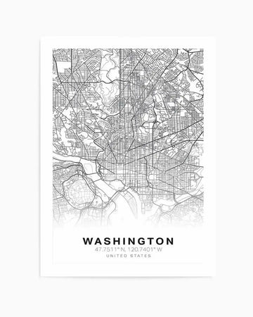 Line art map print of Washington, featuring a detailed black and white street map with intricate lines representing roads, rivers, and urban areas, on a white background. The print includes the text "WASHINGTON" in bold black letters, followed by "47.7511°N, 120.7401°W" and "UNITED STATES" in smaller black text.