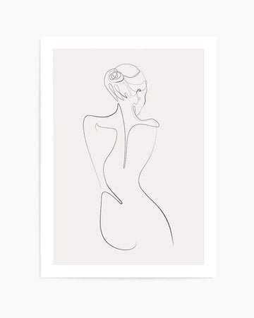 Line art print featuring a continuous single line drawing of a woman's back and head in profile, with her hair in a bun, on a light cream background. The minimalist illustration has a clean, elegant aesthetic.