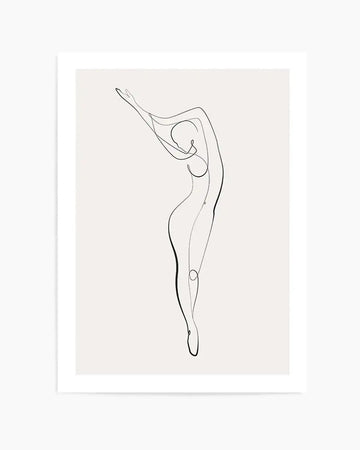 Line art print featuring a single continuous black line forming the figure of a woman with arms raised and body gracefully curved, on a crisp white background.