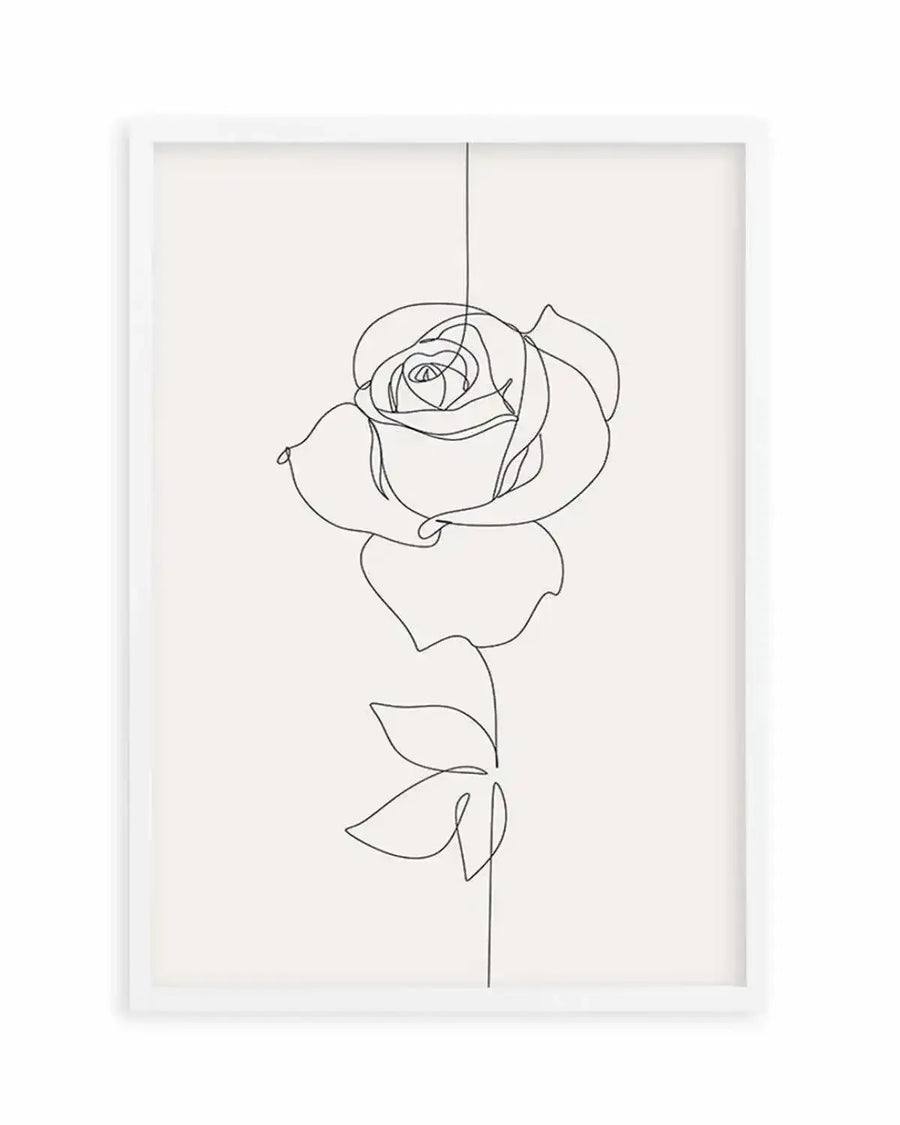 Line art print featuring a single rose drawn with a continuous black line on a soft white background, displayed in a white frame with white border. The rose is depicted from bud to stem, with delicate petals and two leaves.