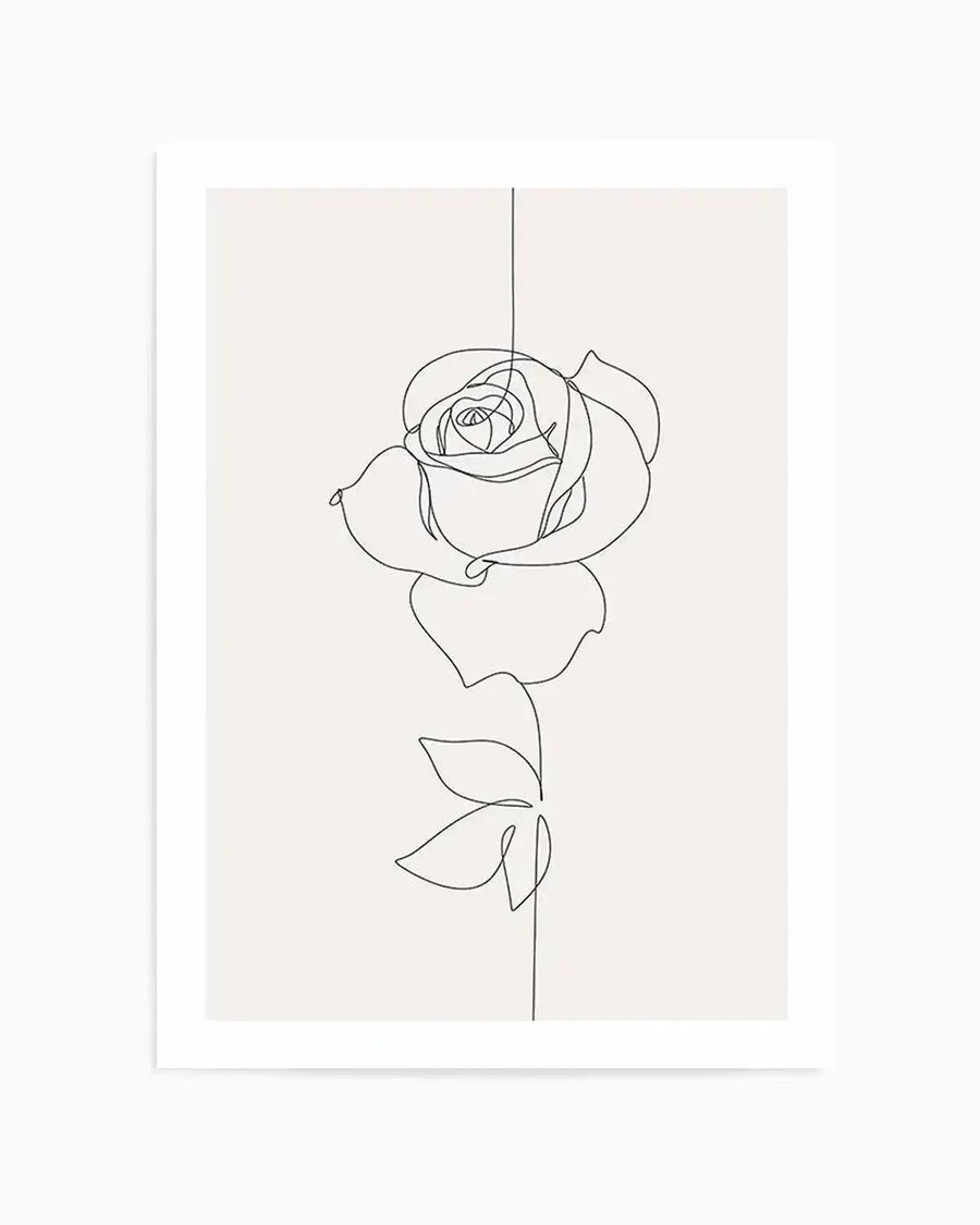 Line art print featuring a single rose in continuous black line on a light grey background, with a minimalist aesthetic. The rose is depicted with a detailed bloom and two leaves on a slender stem, printed on fine art paper with a matte finish.
