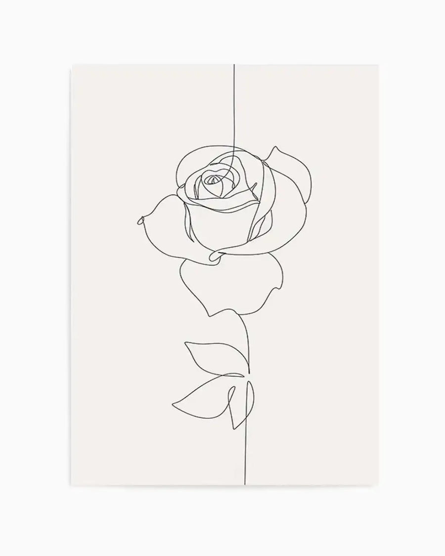 Line art print featuring a single rose drawn with a continuous black line on a plain white background. The rose is depicted with its petals forming a central spiral and a stem extending downwards with two small leaves.