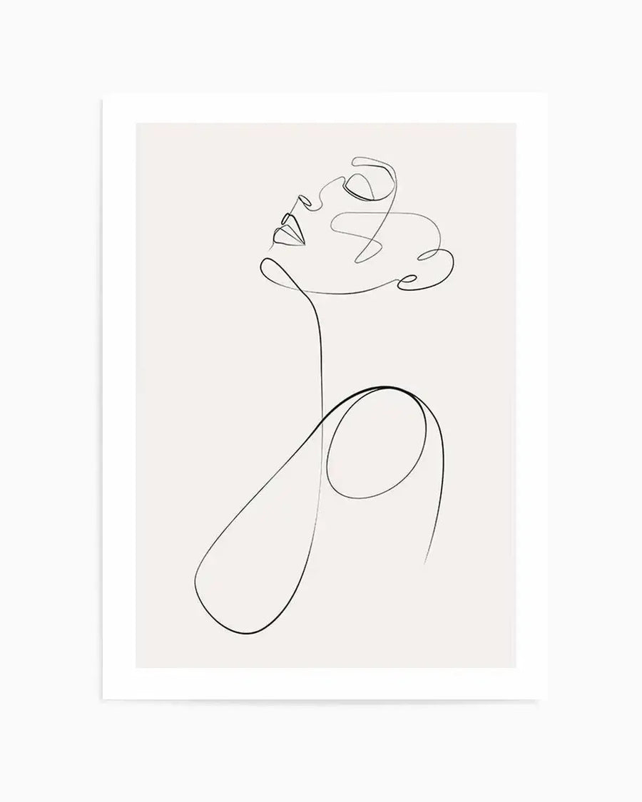 Line art print featuring a continuous black line forming the profile of a woman's face looking upwards, with a flowing, abstract shape suggesting hair or a cloud, and a graceful line extending down to outline a shoulder and collarbone, all on a light cream background.