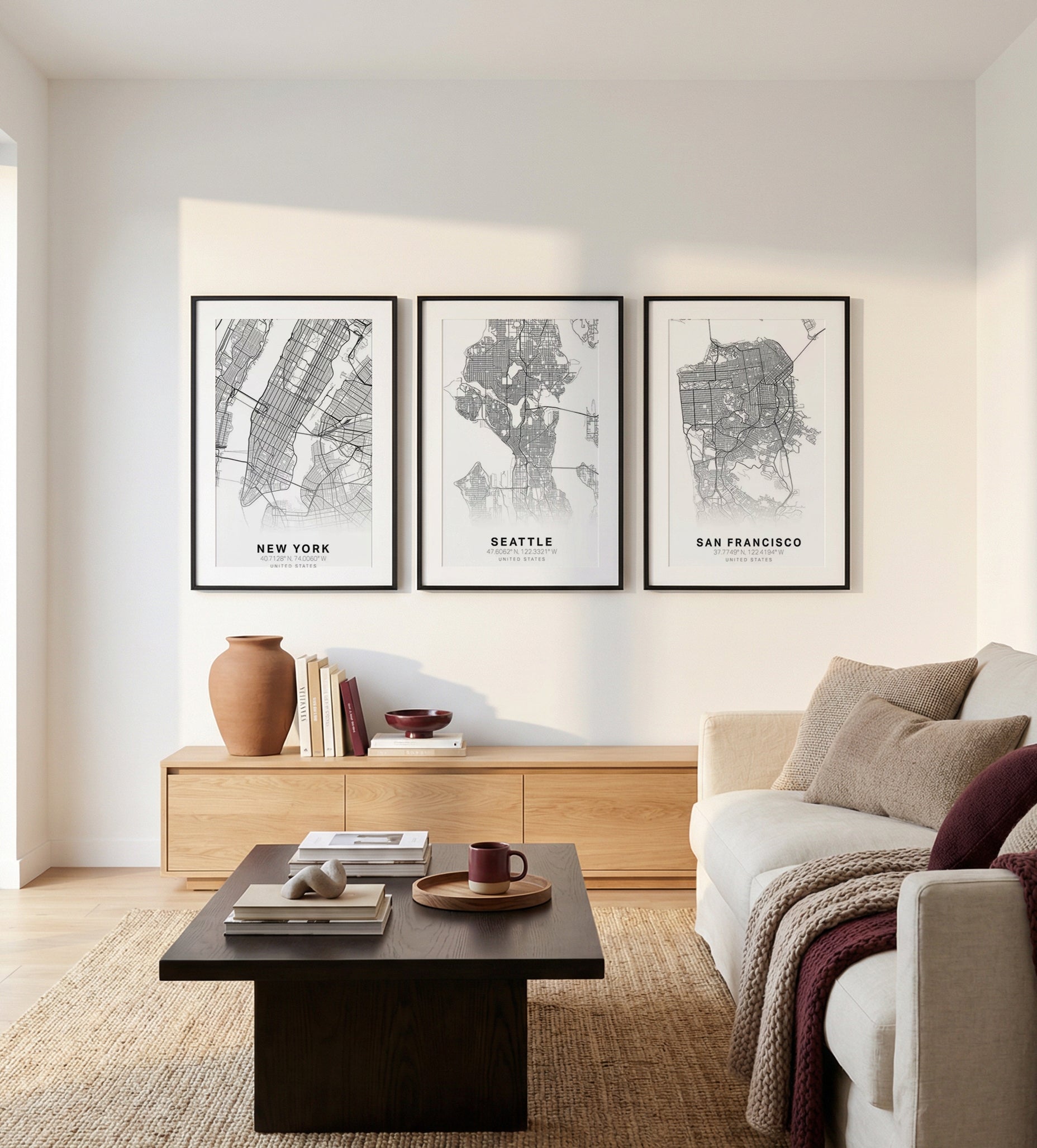 Line Art Map of New York, Seattle & San Francisco | 3 Piece Wall Art Set