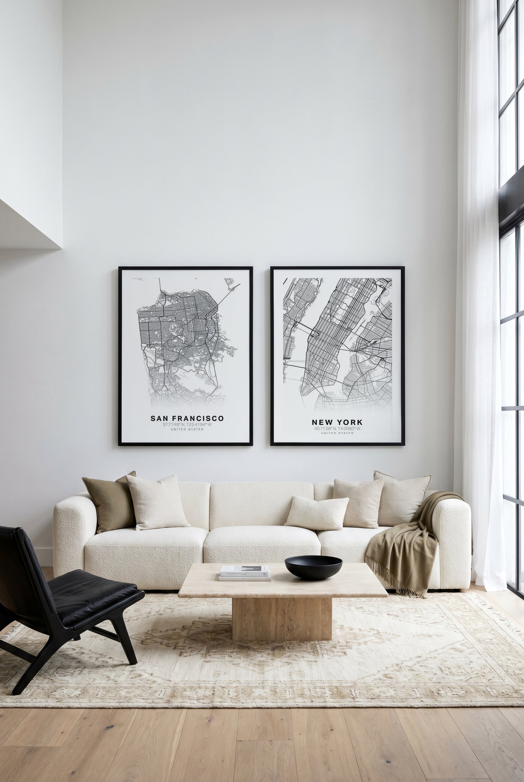 Line Art Map of San Francisco & New York Art Print Set of 2 | Matching Wall Art