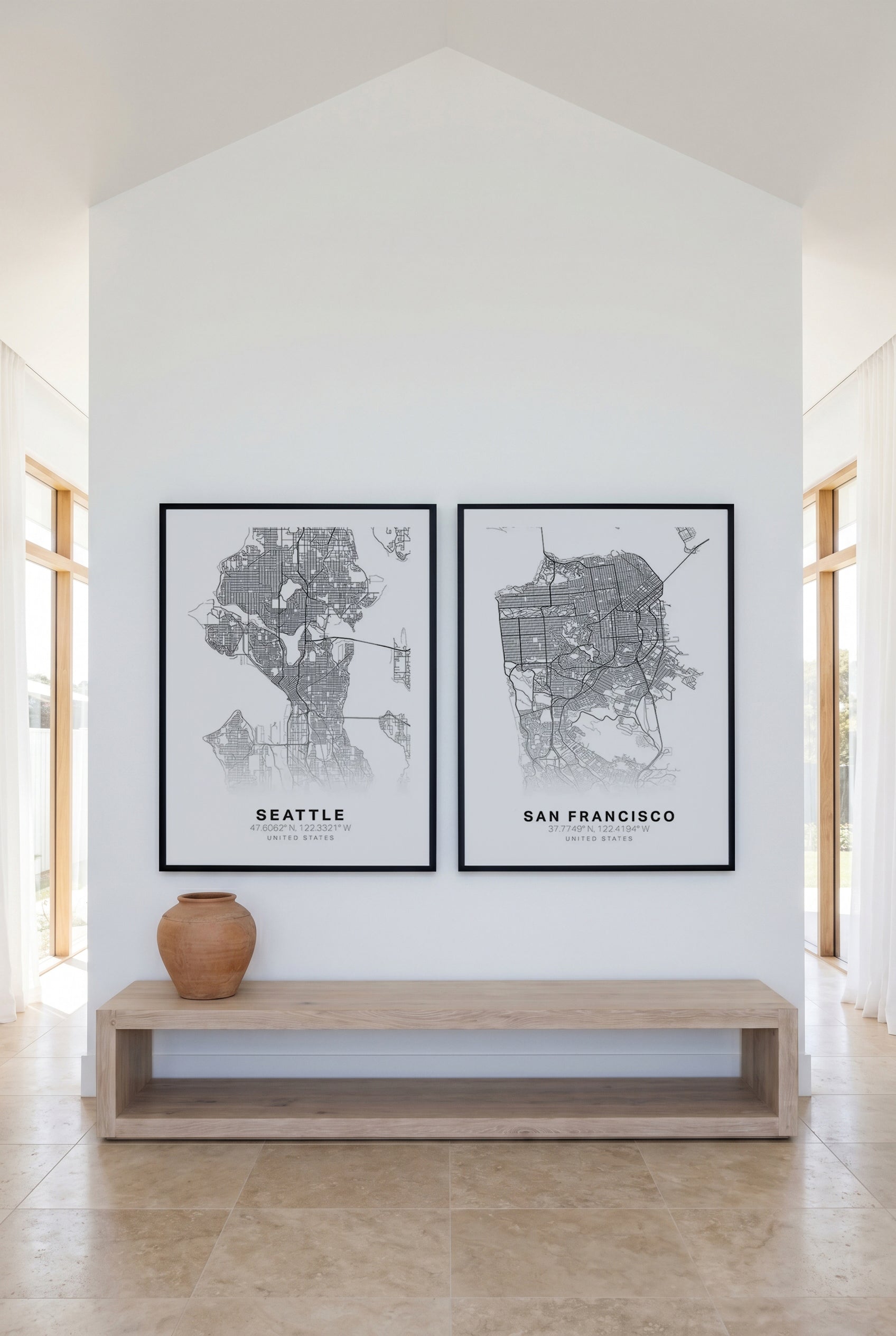 Line Art Map of Seattle & San Francisco Art Print Set of 2 | Matching Wall Art