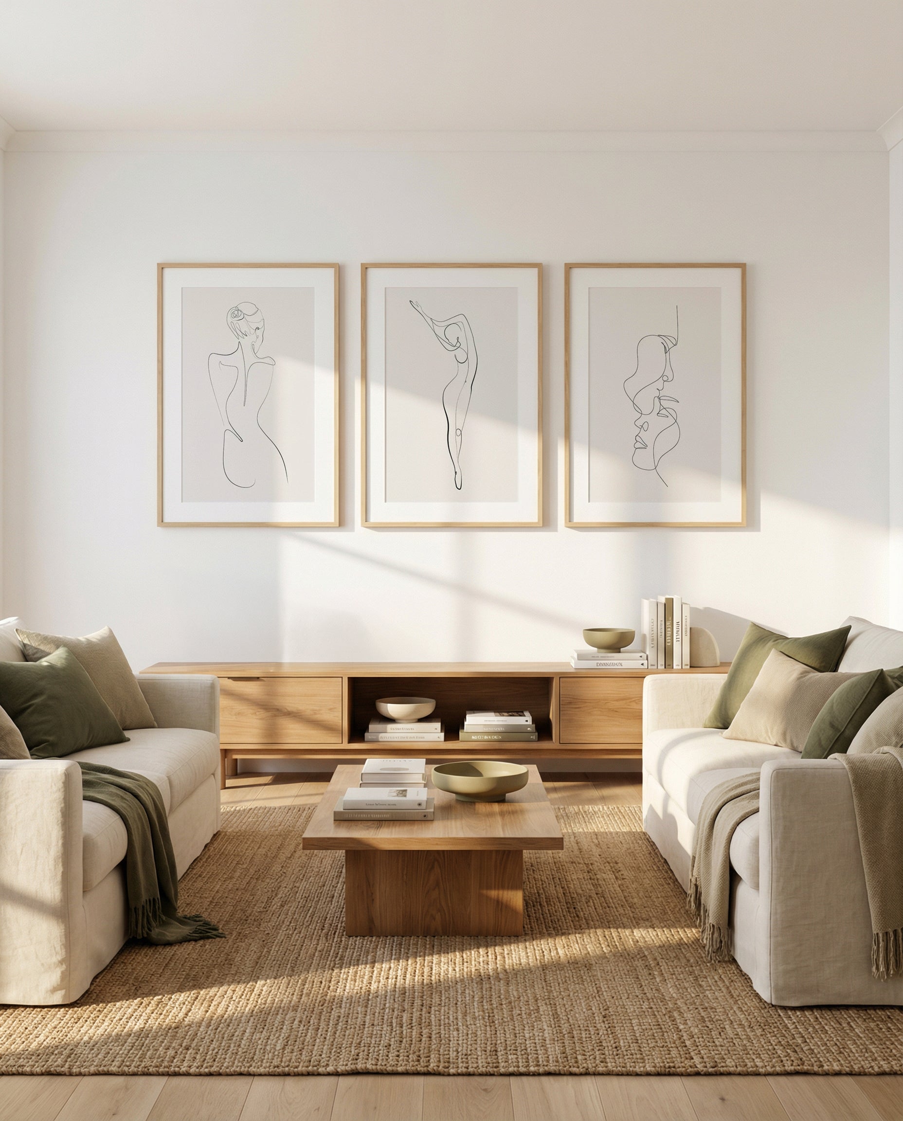 Line Figure I, II & III | 3 Piece Wall Art Set in Beige art print oak frame with white border