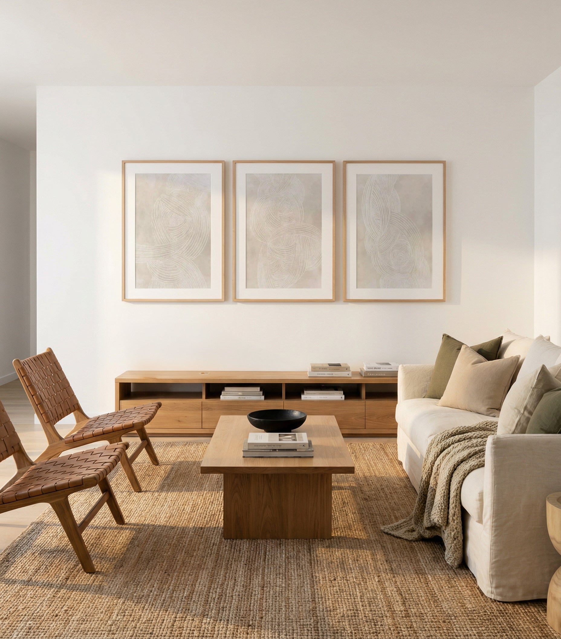 Linear Waves in Sand I, II & III | 3 Piece Wall Art Set in Beige art print oak frame with white border