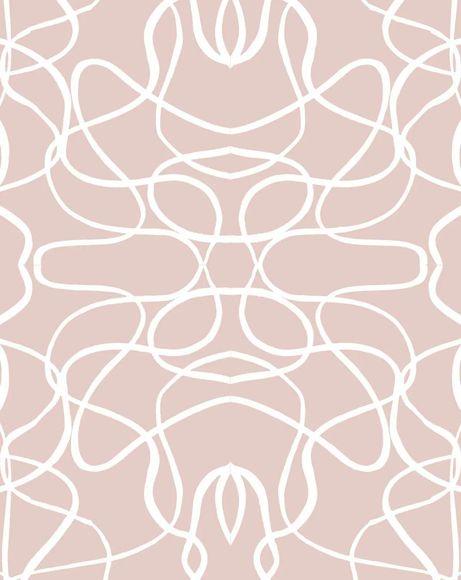 Peel and stick wallpaper featuring a repeating pattern of thick, hand-drawn white lines that curve and intertwine to form an organic, abstract design on a soft blush pink background. The lines create a fluid, continuous composition with symmetrical elements, reminiscent of flowing ribbons or calligraphic strokes.
