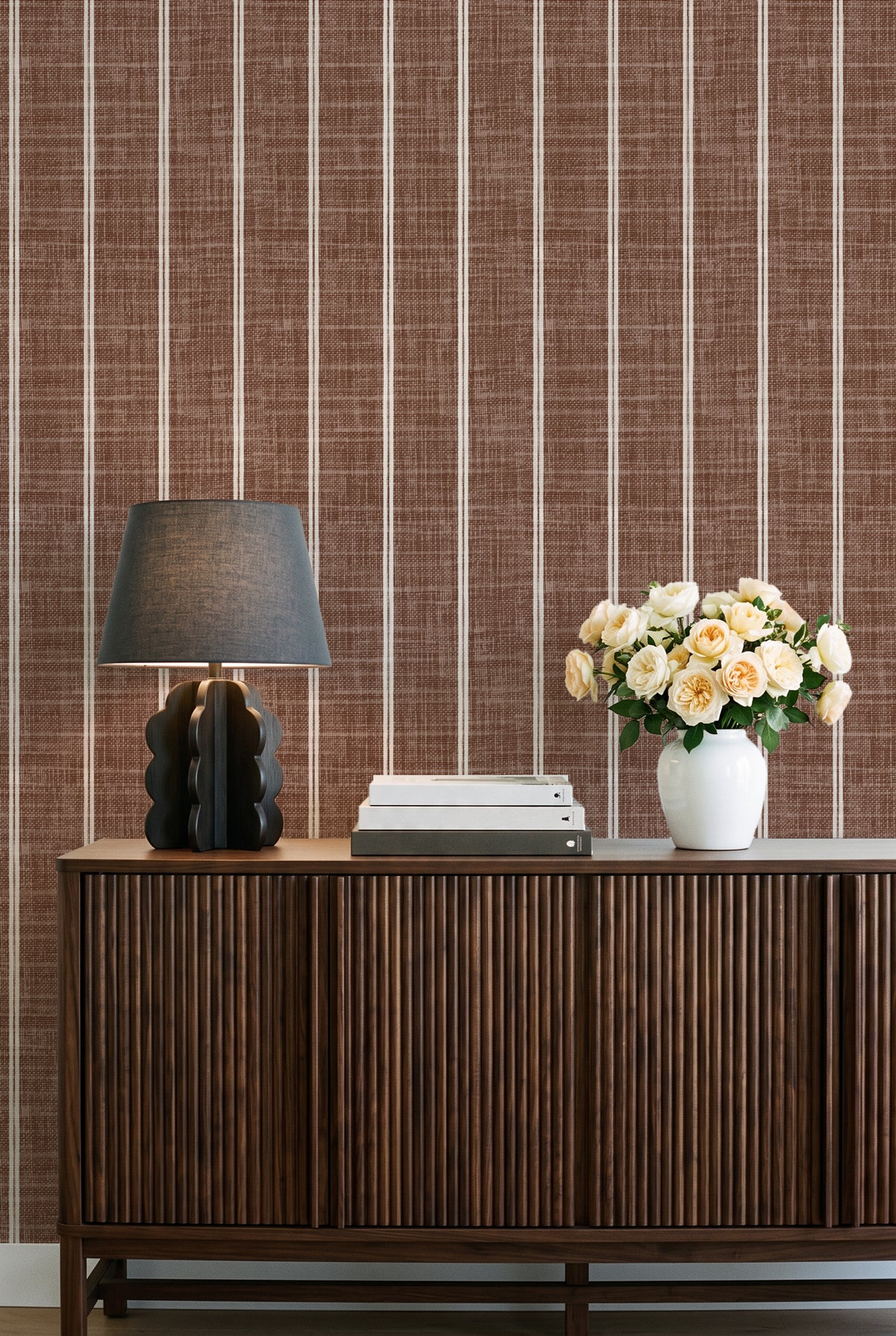 Linen Double Stripe in Chocolate Brown | Linen Texture Wallpaper