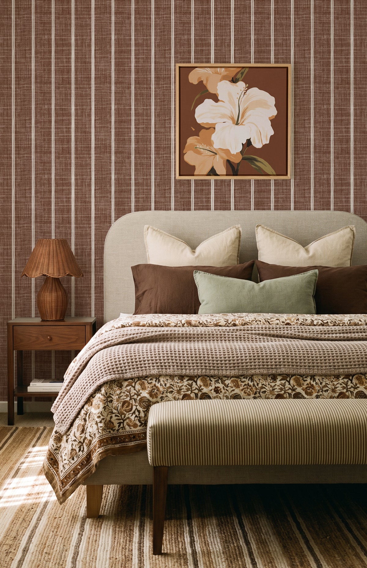 Linen Double Stripe in Chocolate Brown | Linen Texture Wallpaper