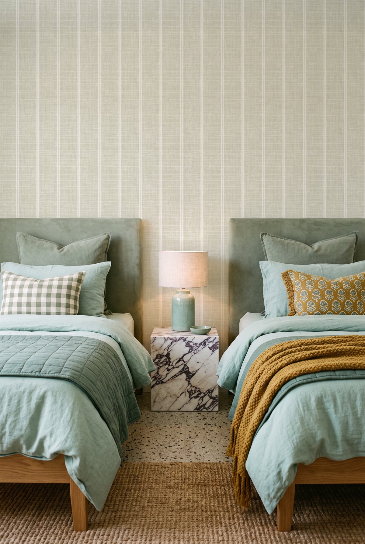 Linen Double Stripe in Sage Green | Linen Texture Wallpaper
