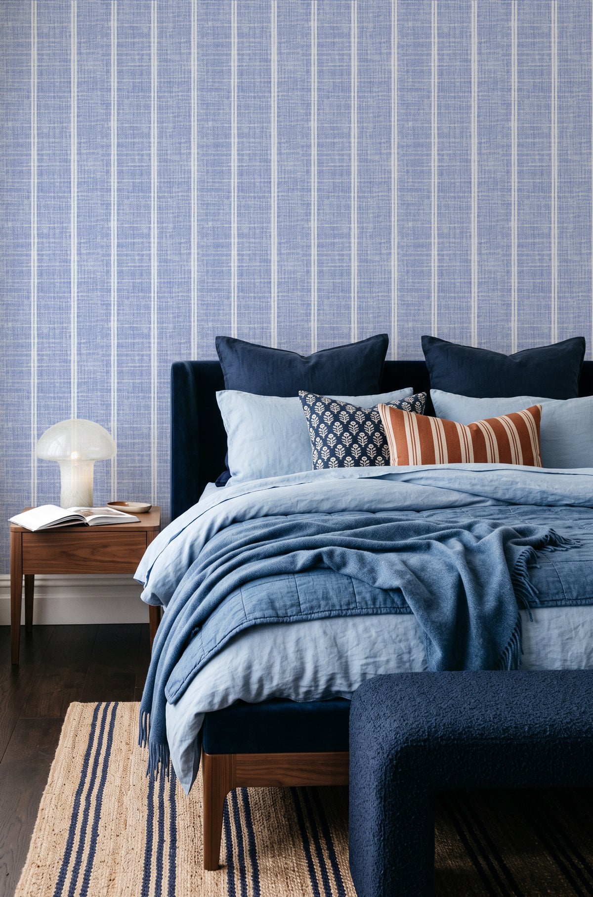 Linen Double Stripe in Sky Blue | Linen Texture Wallpaper