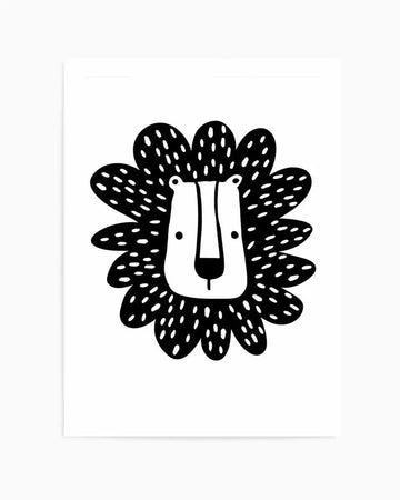 Art print featuring a stylized illustration of a lion's head in black and white. The lion has a white face with two small black dots for eyes and a black nose and mouth. Its mane is depicted as a series of rounded, petal-like shapes in solid black, with numerous small white dots scattered across them, creating a textured, almost starry effect. The overall style is minimalist and graphic.