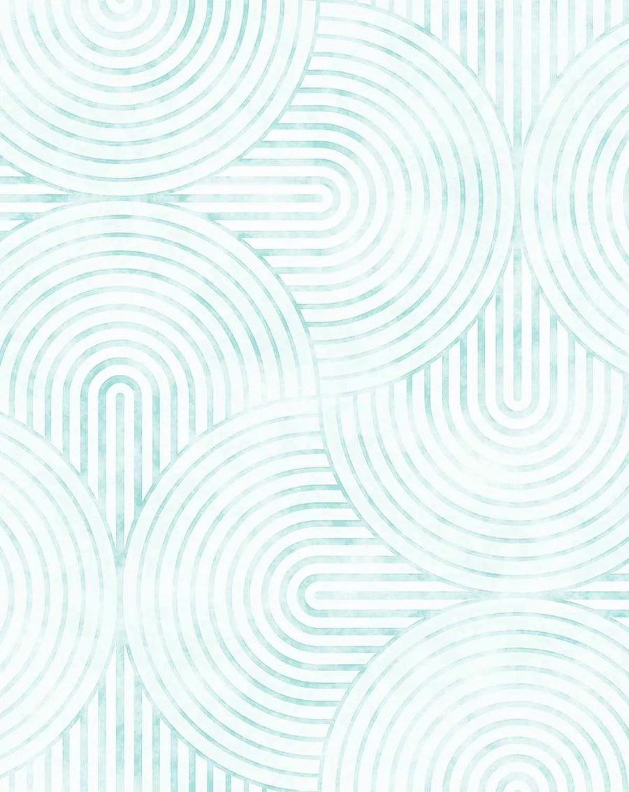 Peel and stick wallpaper featuring a repeating geometric pattern of interlocking arches and stripes in a soft aqua blue on a white background. The design has a subtle watercolor texture, giving it a gentle, diffused appearance.
