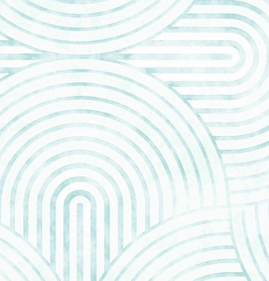 Peel and stick wallpaper featuring a repeating pattern of concentric arches and horizontal lines in a soft, muted aqua blue with a subtle watercolor texture on a white background. The geometric design creates an interlocking, wave-like effect.