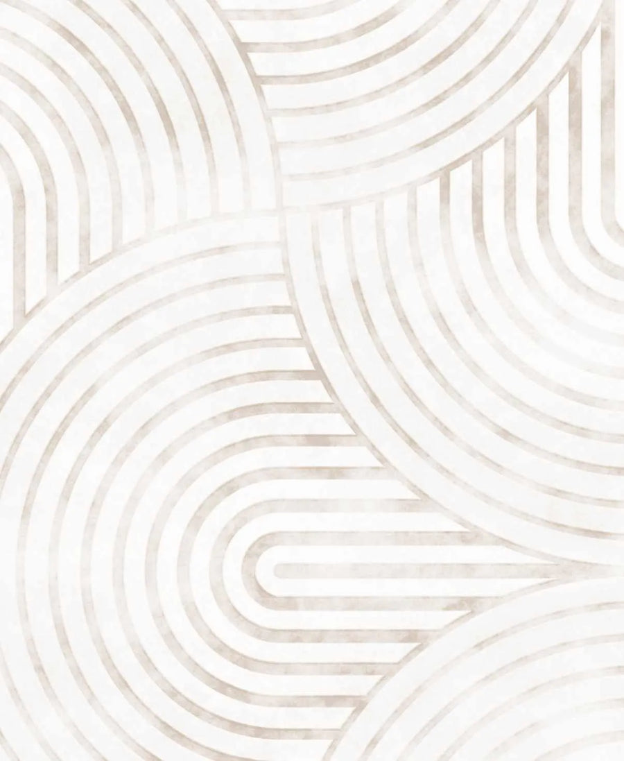 Peel and stick wallpaper featuring a repeating pattern of overlapping arches and half-circles in a warm, muted beige on a soft white background. The design has a subtle, slightly textured appearance, reminiscent of a watercolour wash.