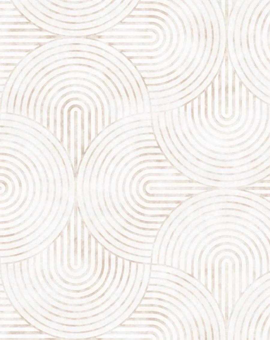 Peel and stick wallpaper featuring a repeating pattern of concentric arches in a warm beige tone on a soft white background. The arches are arranged in a half-circle motif, creating a scalloped, overlapping design with a subtle, textured finish.