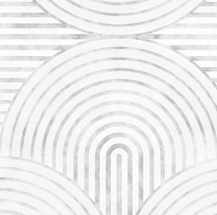 Peel and stick wallpaper featuring a repeating pattern of concentric arches and horizontal stripes in a soft, muted grey on a white background. The design has a subtle, textured, watercolor-like finish.