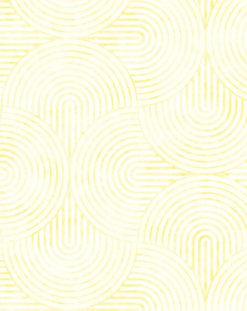 Peel and stick wallpaper featuring a repeating pattern of concentric arches in a soft, pale yellow on a white background. The arches are arranged in a scalloped, interlocking design, creating a sense of movement and depth.